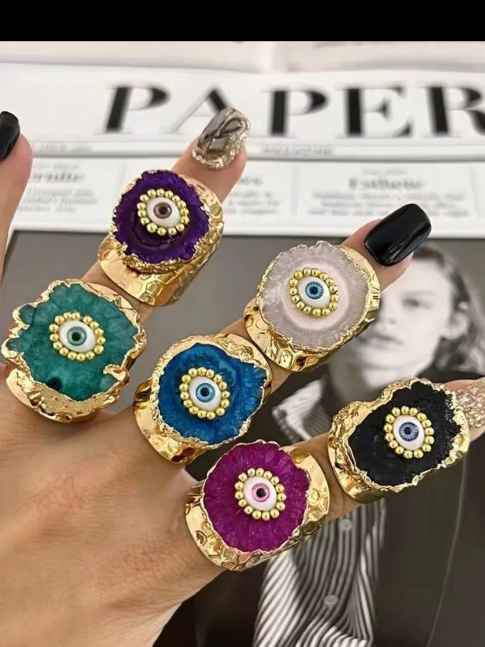 New! Gold-Plated White Synthetic Geode Agate Druzy Evil Eye Statement Ring